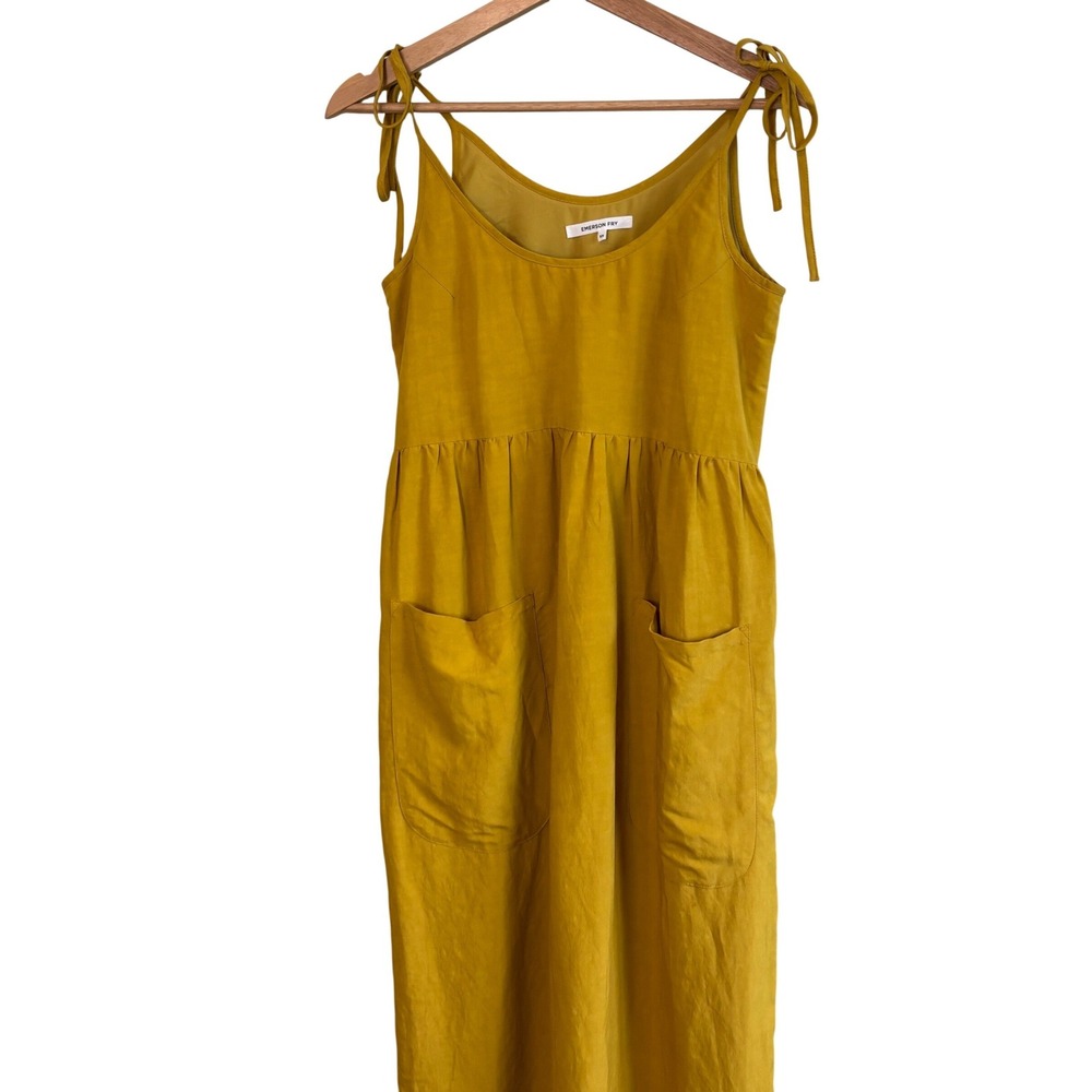 Emerson Fry Midi Sun Dress Mustard Yellow XS Linen Blend‎ Tie Strap Pockets Boho - Picture 2 of 9